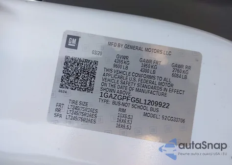 2020 Chevrolet Express Passenger Rwd 3500 Extended Wheelbase Lt z USA, uszkodzony, nr VIN 1GAZGPFG5L1209922